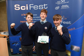 Darragh  Fleming, Ethan O'Neill & Colm Looney from Col&aacute;iste Bhr&eacute;anainn win SciFest@IT  Tralee